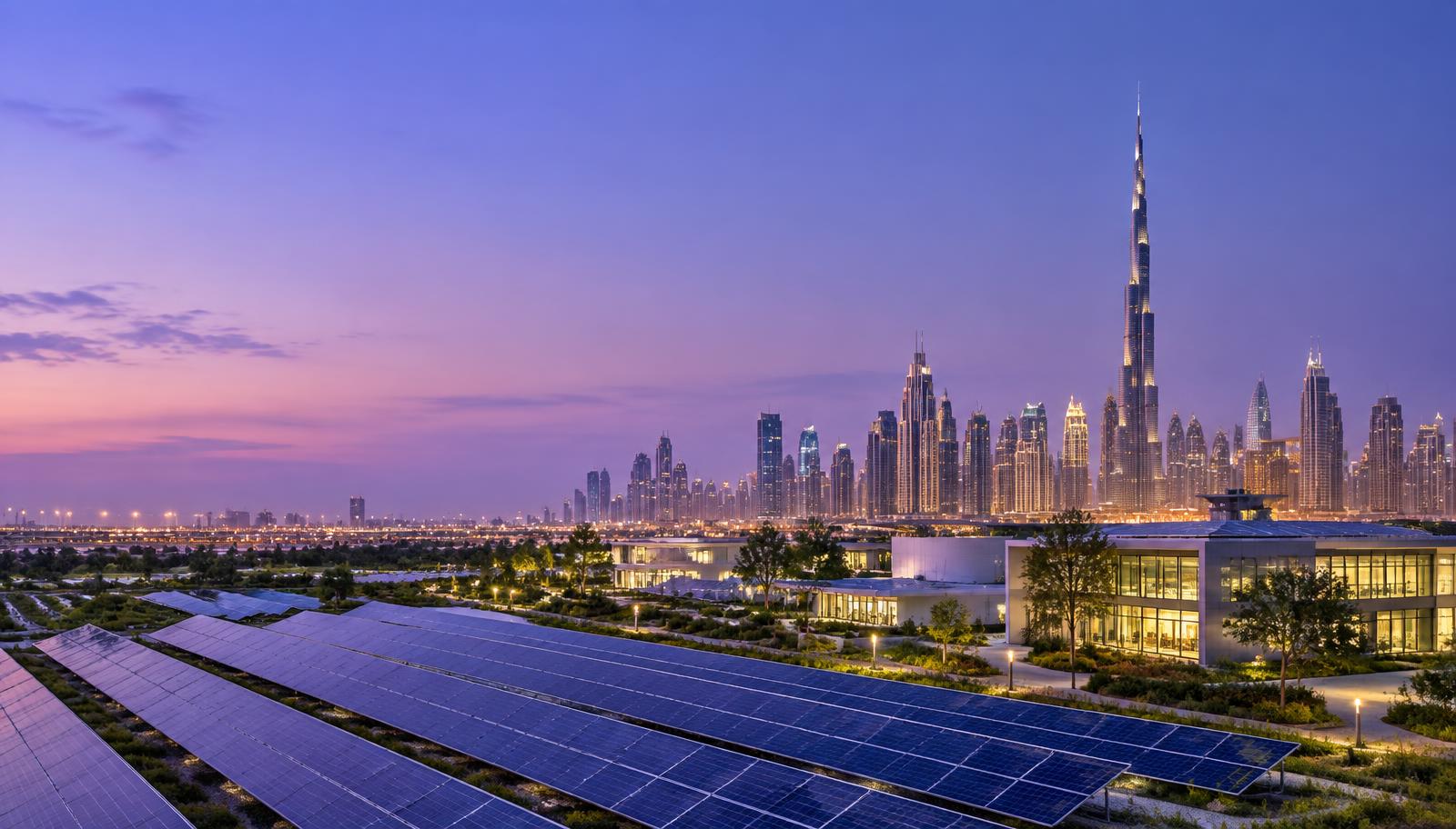 Imagem ilustrativa de Dubai com painéis solares e arquitetura contemporânea ao entardecer